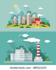 Set of flat design. Urban landscape illustrations including downtown, suburb and industrial landscapes