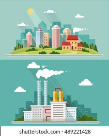 Set of flat design. Urban landscape illustrations including downtown, suburb and industrial landscapes