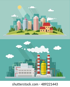 Set of flat design. Urban landscape illustrations including downtown, suburb and industrial landscapes