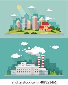 Set of flat design. Urban landscape illustrations including downtown, suburb and industrial landscapes
