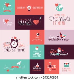 Set of flat design Valentines day signs for greeting card, web banner, badge, ad and printed materials 