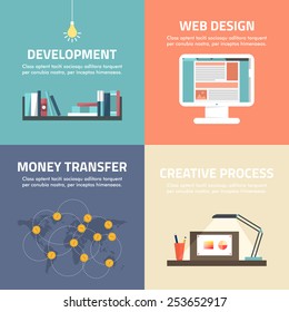 Set of flat design vector banners. Development, web design, money transfer, creative process