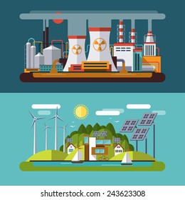 Set of flat design vector concept illustrations with icons of ecology, emissions, environment, solar and wind energy and nature pollution
