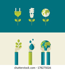 Set of flat design vector illustration concepts for green energy and save the planet, water and nature. Concepts for web banners and printed materials.