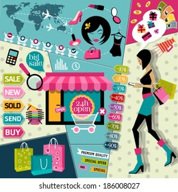 Set of Flat design vector illustration concepts icons and fashion symbols of online woman shopping and payment methods. 