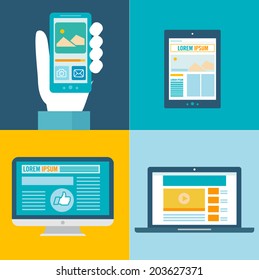 Set of flat design vector illustration concepts for website layout, mobile phone services and apps, and computer tablet services and apps. Concepts for web banners and printed materials