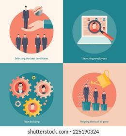 Set of flat design vector illustration concepts for searching employees, selecting best candidates, team building, recruitment, human resources management, headhunting, work of hr