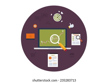 Set of flat design vector illustration concepts for marketing research, data analysis, goal marketing, social media. 