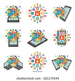 Set Flat design vector illustration infographic design elements concept. Business and social media design icons and devices. Design template. 