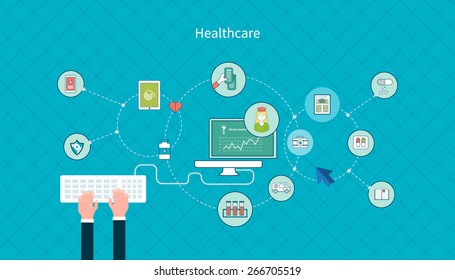 Set of flat design vector illustration concepts for health care, first aid, online medical services and support. Concept for banners and printed materials