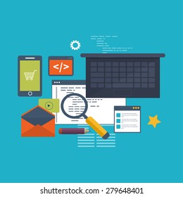 Set of flat design vector illustration concepts for search engine optimization and web analytics elements.  Programming and coding. Web development and search. Mobile app.