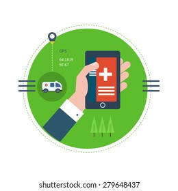 Set of flat design vector illustration concepts for health care, first aid, online medical services and gps navigation