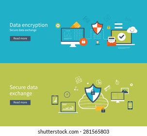 Set of flat design vector illustration concepts for data protection, encryption and secure data exchange. Concepts for web banners and printed materials.