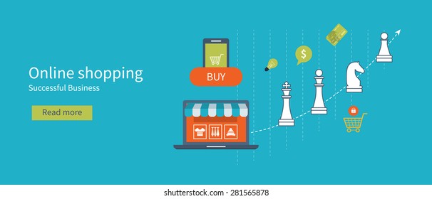 Set of flat design vector illustration concepts for data analysis, online shopping and successful business. 