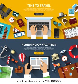 Set of flat design vector illustration concept banners for traveling, planning a summer vacation, online booking, tourism, journey in summer holidays