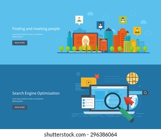 Set of flat design vector illustration concepts for finding and meeting people, search engine optimization and web analytics elements. Meet new people and find new friends. Mobile app.