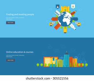 Set of flat design vector illustration concepts for finding and meeting people, online education, training courses, e-learning, university. Mobile app.