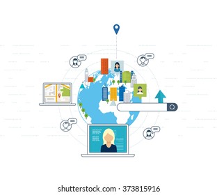 Set of flat design vector illustration concepts for finding and meeting people. Meet new people and find new friends. Teamwork and communication. Social network and teamwork concept. Urban landscape. 