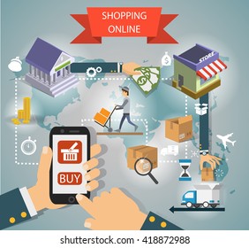 Set of flat design vector illustration concepts of online shopping, mobile marketing and digital marketing.