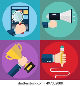 Set of flat design vector illustration concepts for website layout, business management, insurance and analytics. Concepts for web banners and printed materials.