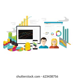 Set of flat design vector illustration concepts of business data analytics, finance statistics, web search analysis, database research.- stock vector