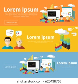 Set of flat design vector illustration concepts of business data analytics, finance statistics, web search analysis, database research.- stock vector