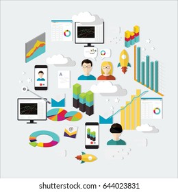 Set of flat design vector illustration concepts of business data analytics, finance statistics, web search analysis, database research.- stock vector