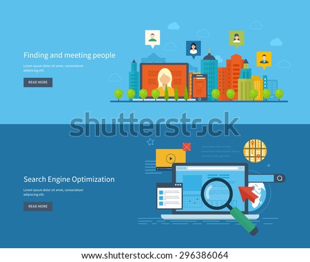 Set of flat design vector illustration concepts for finding and meeting people, search engine optimization and web analytics elements. Meet new people and find new friends. Mobile app.
