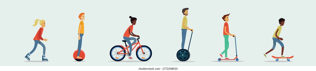 A set of flat design vector illustrations with young men and women rollerblading, riding a mono wheel, hover board, bicycle, rolling on push scooter, skateboarding. Summer leisure activity on vehicles