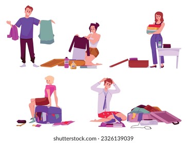 Set of flat design vector illustrations of men and women are packing their suitcases, luggages. Isolated on white background. Comfort travel, tourism concept.