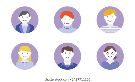 Set of flat design vector illustrations of men and women.  Colorful characters in circles, person icons with diverse face, abstract modern young art. Trendy heads for forum or blog users profile. 