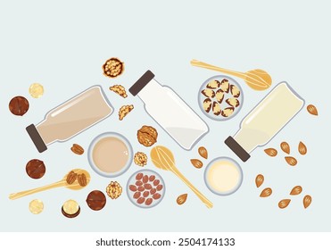 Set of flat design vector illustrations of healthy food, nut milk packed in glass jars. Set of nuts, seeds, almonds, pecans, walnuts, peanuts, brazil nuts, and other isolated elements no background