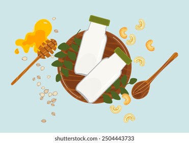 Set of flat design vector illustrations of healthy food and drinks. Pea milk is packed in a glass bottle on a wooden cup Cashew nuts, honey, spices, and other elements are isolated in the background.