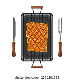 Conjunto de Ilustraciones vectoriales de diseño plano, deliciosa comida, comida tailandesa, cerdo crujiente, panza de cerdo frito crujiente, en rodajas, marinado en ajo, en la parrilla, cocina desde la vista superior, aislado sobre fondo blanco