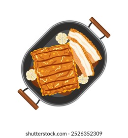 Conjunto de Ilustraciones vectoriales de diseño plano, deliciosa comida, comida tailandesa, carne de cerdo crujiente, panza de cerdo frita crujiente, en rodajas, marinado en ajo, en una sartén. Cocinar la comida, vista superior, aislado en el fondo blanco.
