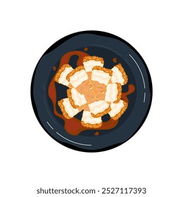 Conjunto de Ilustraciones vectoriales de diseño plano, deliciosa comida, comida tailandesa, cerdo crujiente, panza de cerdo frita crujiente con salsa roja. rebanadas en un plato Cocina desde una vista superior Aislado del fondo blanco.
