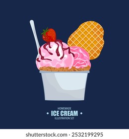 Set of flat design vector illustrations Of ice cream scoops in paper cups. Chocolate, vanilla, blueberry, strawberry, various flavors, waffles, cookies and toppings. Isolated illustration of ice cream