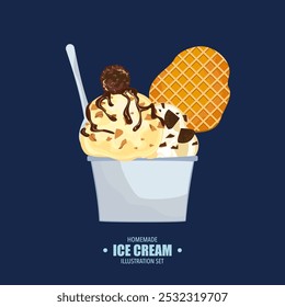 Set of flat design vector illustrations Of ice cream scoops in paper cups. Chocolate, vanilla, blueberry, strawberry, various flavors, waffles, cookies and toppings. Isolated illustration of ice cream