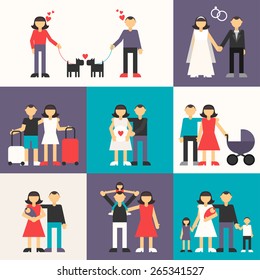 Set of Flat Design Vector Illustrations. Happy Family. Friendship, Wedding, Honeymoon, Pregnancy, Birth of a child