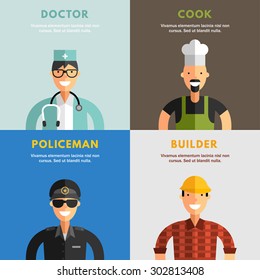 Set of Flat Design Vector Illustrations of Professional People Characters. Doctor, Cook, Policeman, Builder