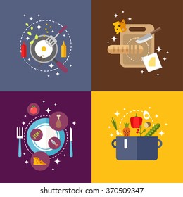 Set of Flat Design Vector Illustrations with Kitchen Appliances and Food. Bread on a Cutting Board. Fried Eggs in a Frying Pan. Served dish. Soup in the Pan