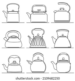 Set of flat design vector images of simple stainless steel kettle for plate drawn in art line style.