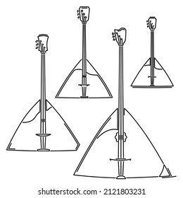 Set of flat design vector images of simple stringed musical instruments balalaika (alto, prima, contrabass, bass) drawn by lines.