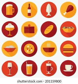 Set Of Flat Design Vector Round Icons For Restaurant, Food And Drink: Beer, Wine, Fish, Meat, Ice Cream, Cake, Bread, Salad, Pasta, Pizza, Soup, Burger, Juice, Mulled Wine, Coffee