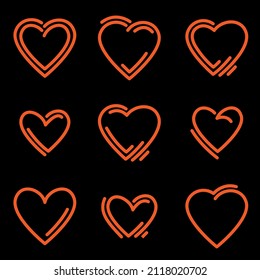 Set of flat design vector signs of various red hearts (symbol of love) drawn in art line style.
