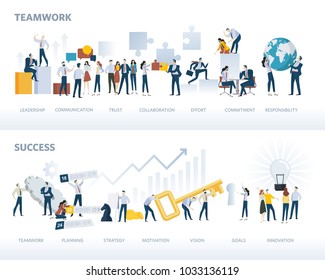 Set of flat design web banners of teamwork and success, isolated on white. Vector illustration concepts for business workflow and success, project management, team building.