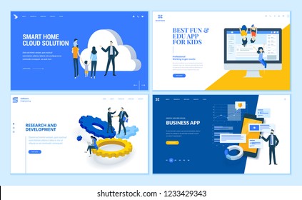 Set of flat design web page templates of business apps, research and development, home cloud solution, kids apps. Modern vector illustration concepts for website and mobile website development. 