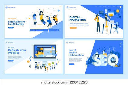 Set of flat design web page templates of SEO, web development, digital marketing, family entertainment. Modern vector illustration concepts for website and mobile website development. 