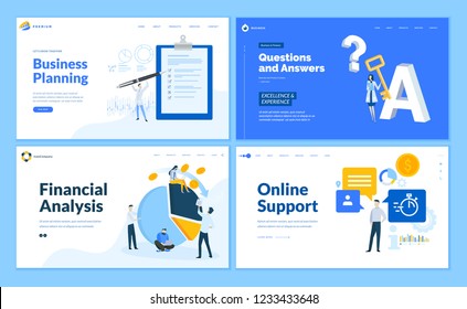 Set of flat design web page templates of business planning, financial analysis, online support, questions and answers. Modern vector illustration concepts for website and mobile website development. 