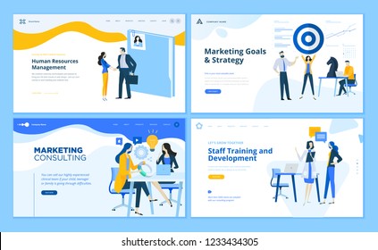 Set Of Flat Design Web Page Templates Of Marketing Strategy, Consulting, Human Resources Management, Staff Training. Modern Vector Illustration Concepts For Website And Mobile Website Development. 